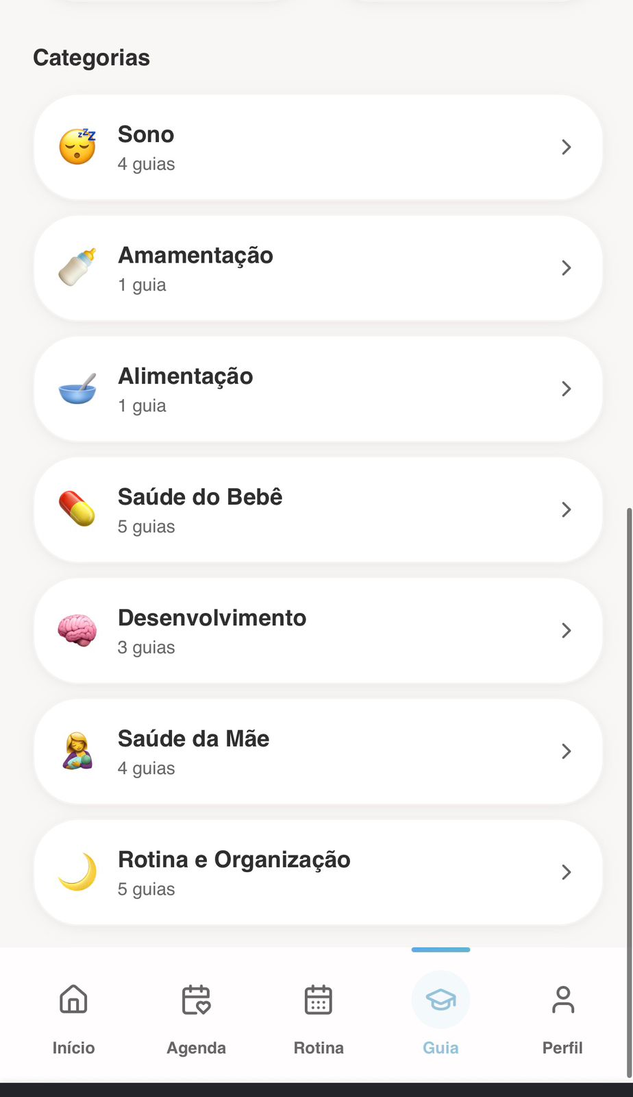 Tela Categorias do app Diário da Mamãe