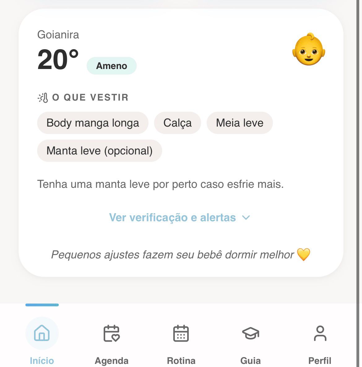 Tela Clima & O Que Vestir do app Diário da Mamãe