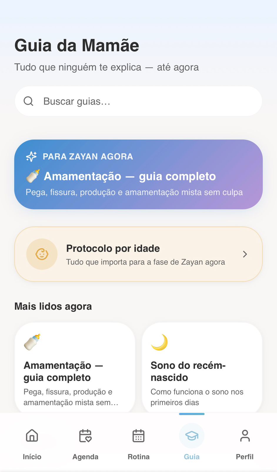Tela Guia da Mamãe do app Diário da Mamãe