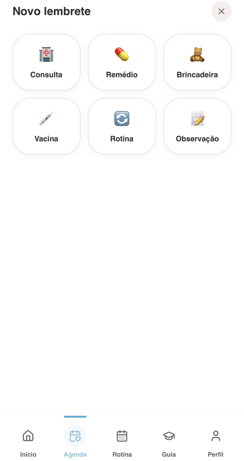 Tela Lembretes do app Diário da Mamãe