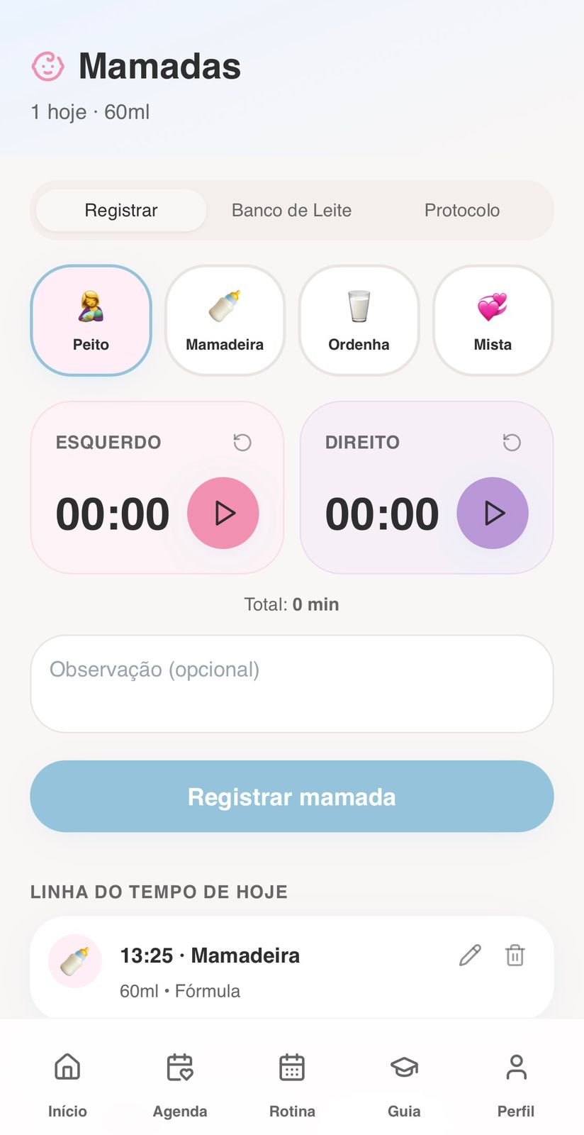 Tela Mamadas do app Diário da Mamãe
