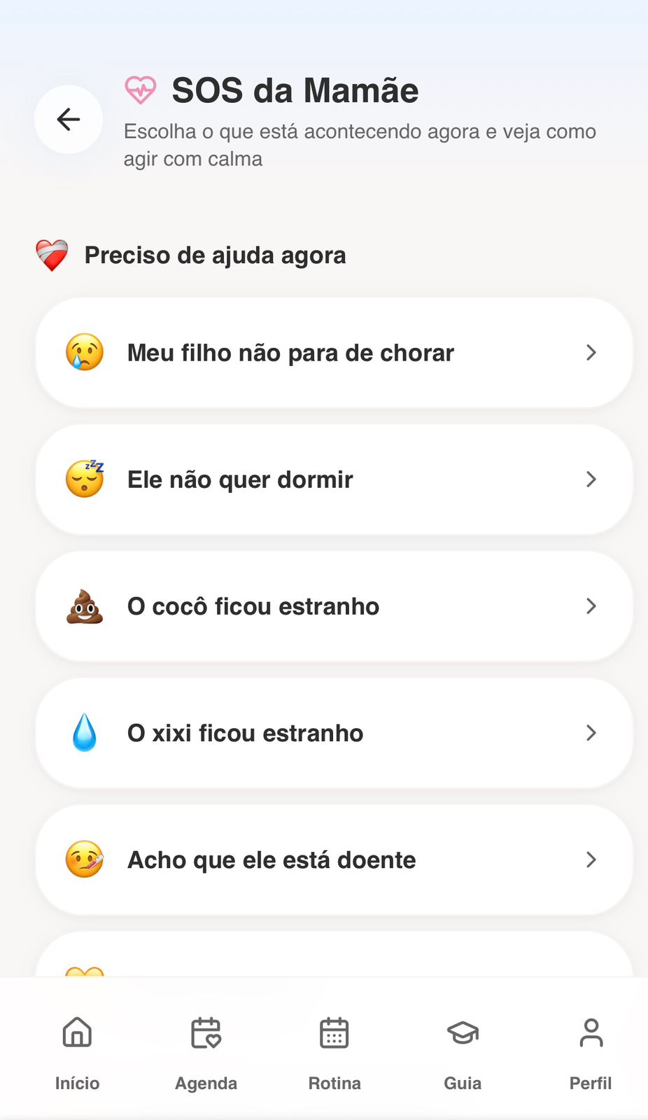 Tela SOS da Mamãe do app Diário da Mamãe