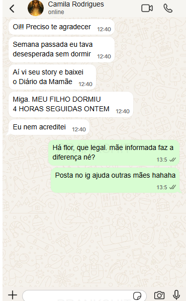 Mensagem de Camila Rodrigues agradecendo o Diário da Mamãe