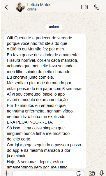 Mensagem de Leticia Matos agradecendo o Diário da Mamãe